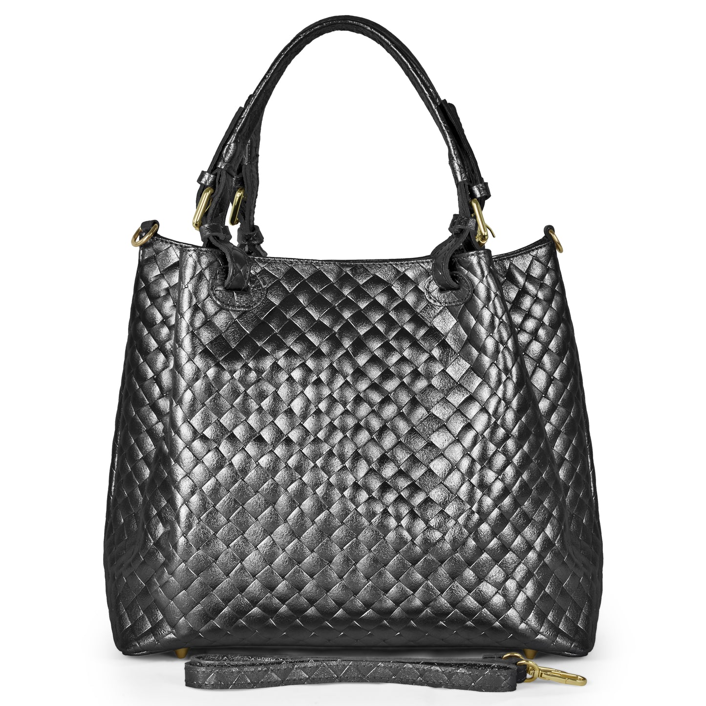 A Weave Metallic Black Florentine leather handbag features a woven diamond pattern, dual handles, gold-tone hardware, and a detachable shoulder strap displayed in front of the bag.