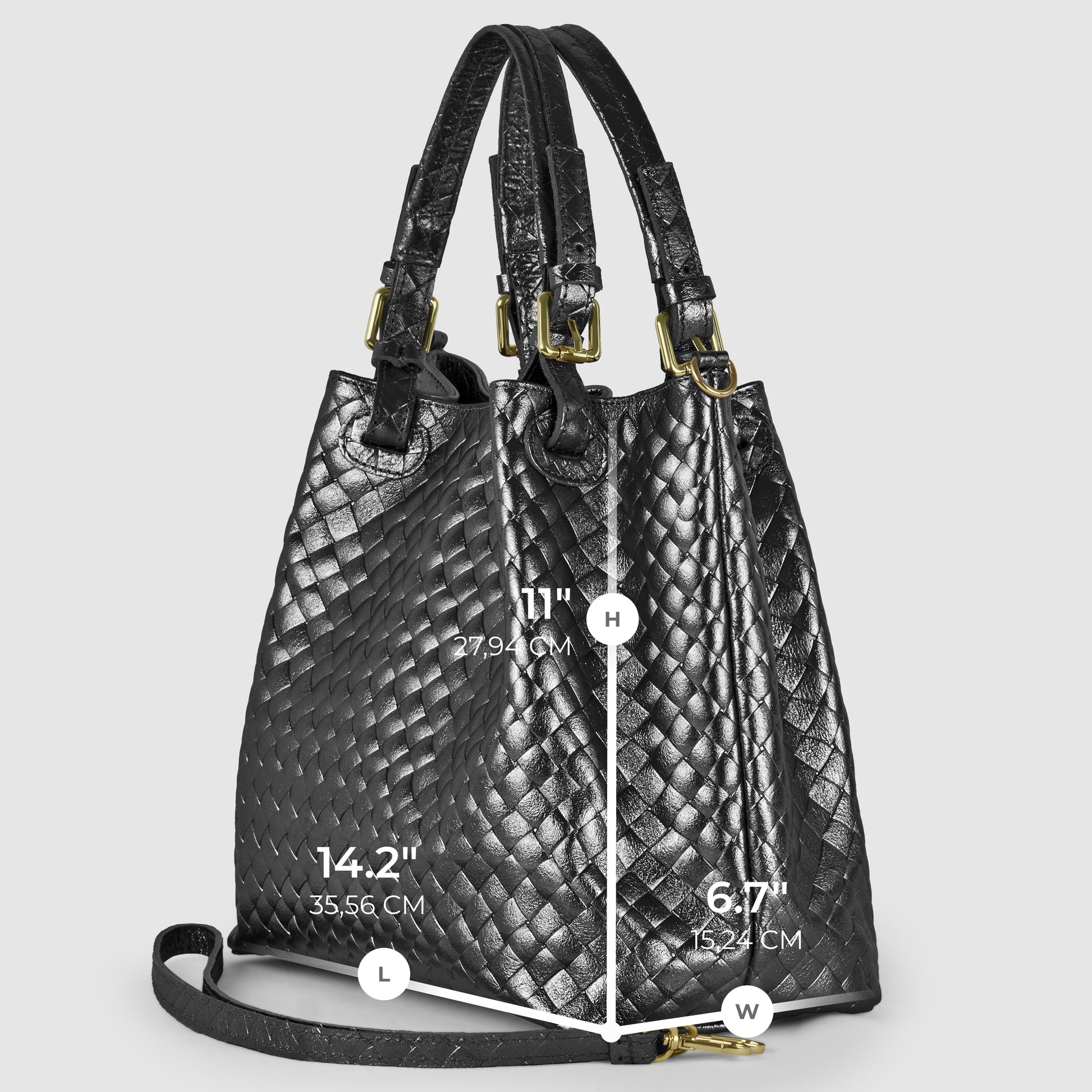 A black woven Florentine leather handbag with gold hardware, two top handles, and a shoulder strap. The dimensions are 14.2" x 11" x 6.1", with centimeter equivalents noted.