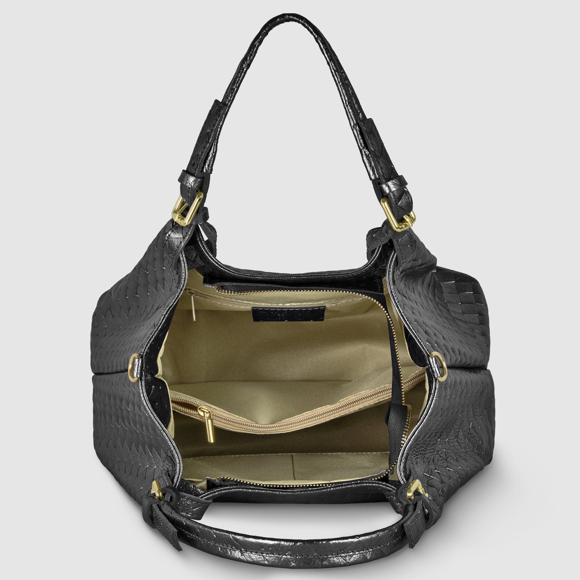 A black woven Florentine leather handbag with gold hardware is open, revealing a spacious beige interior lined with multiple pockets, including a zippered compartment and slip pockets for organization.