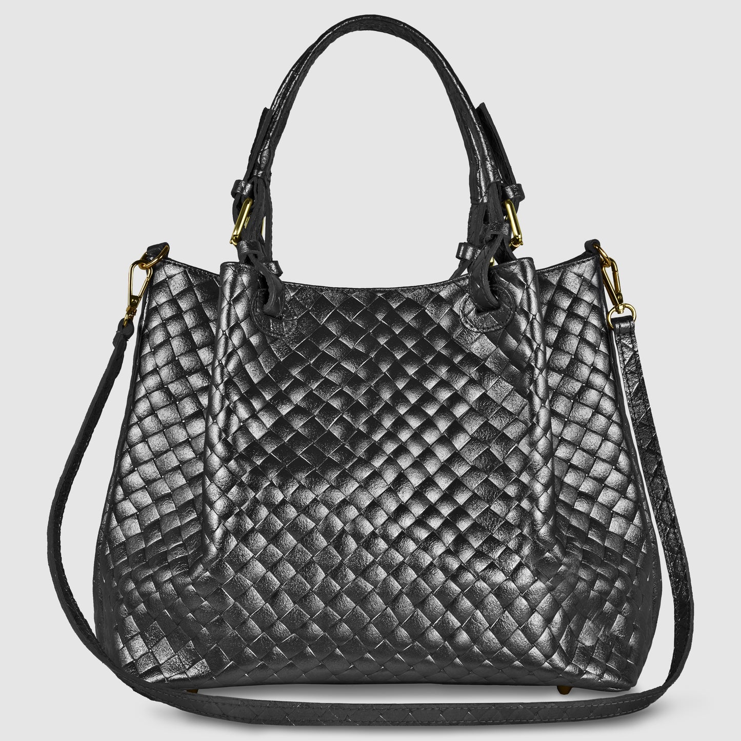 A black Florentine leather handbag with a woven texture, two handles, and a detachable shoulder strap with gold hardware, displayed against a light gray background.
