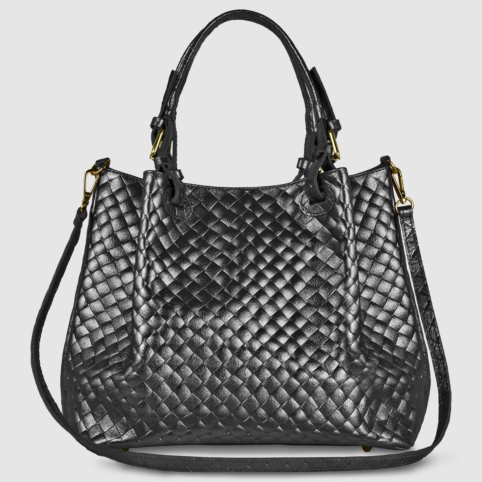 A black Florentine leather handbag with a woven texture, two handles, and a detachable shoulder strap with gold hardware, displayed against a light gray background.