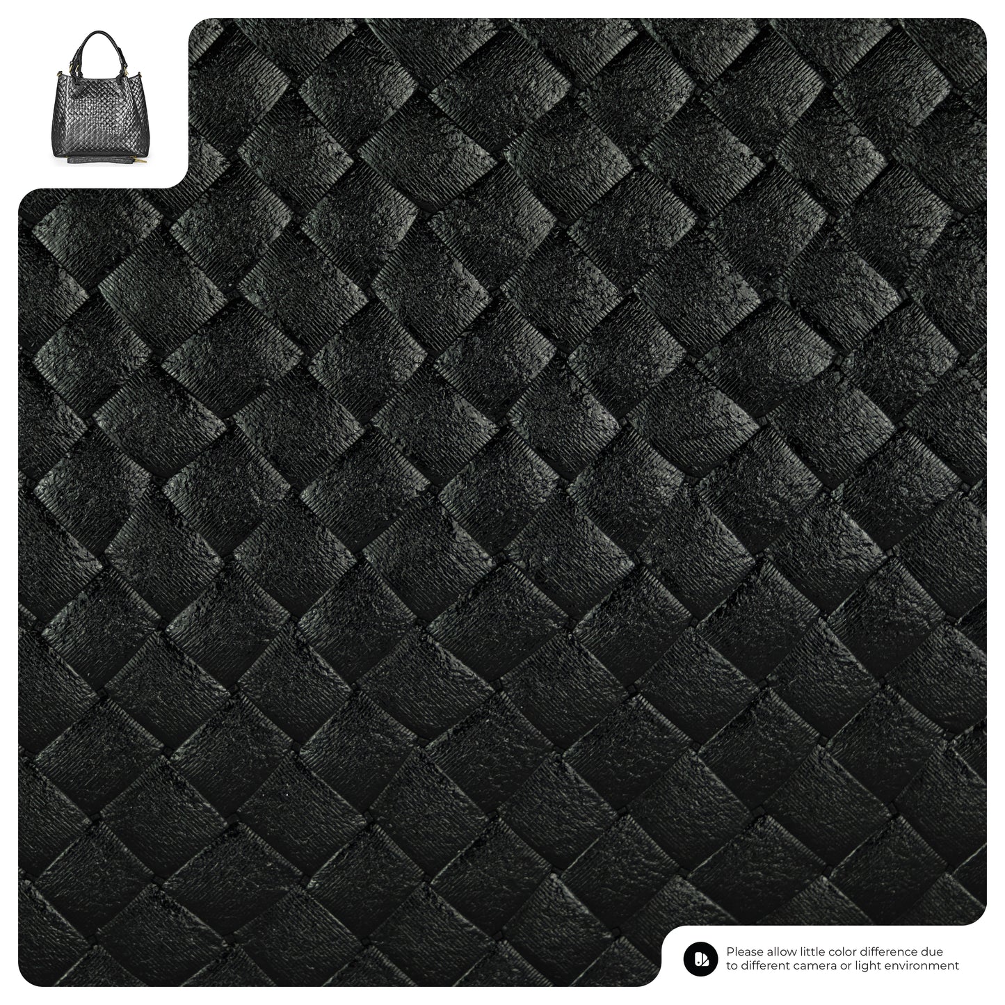 Close-up of black, quilted Florentine leather texture. In the top left, a small image shows a black Italian-made handbag crafted from the same material. Text note at bottom right addresses color differences.