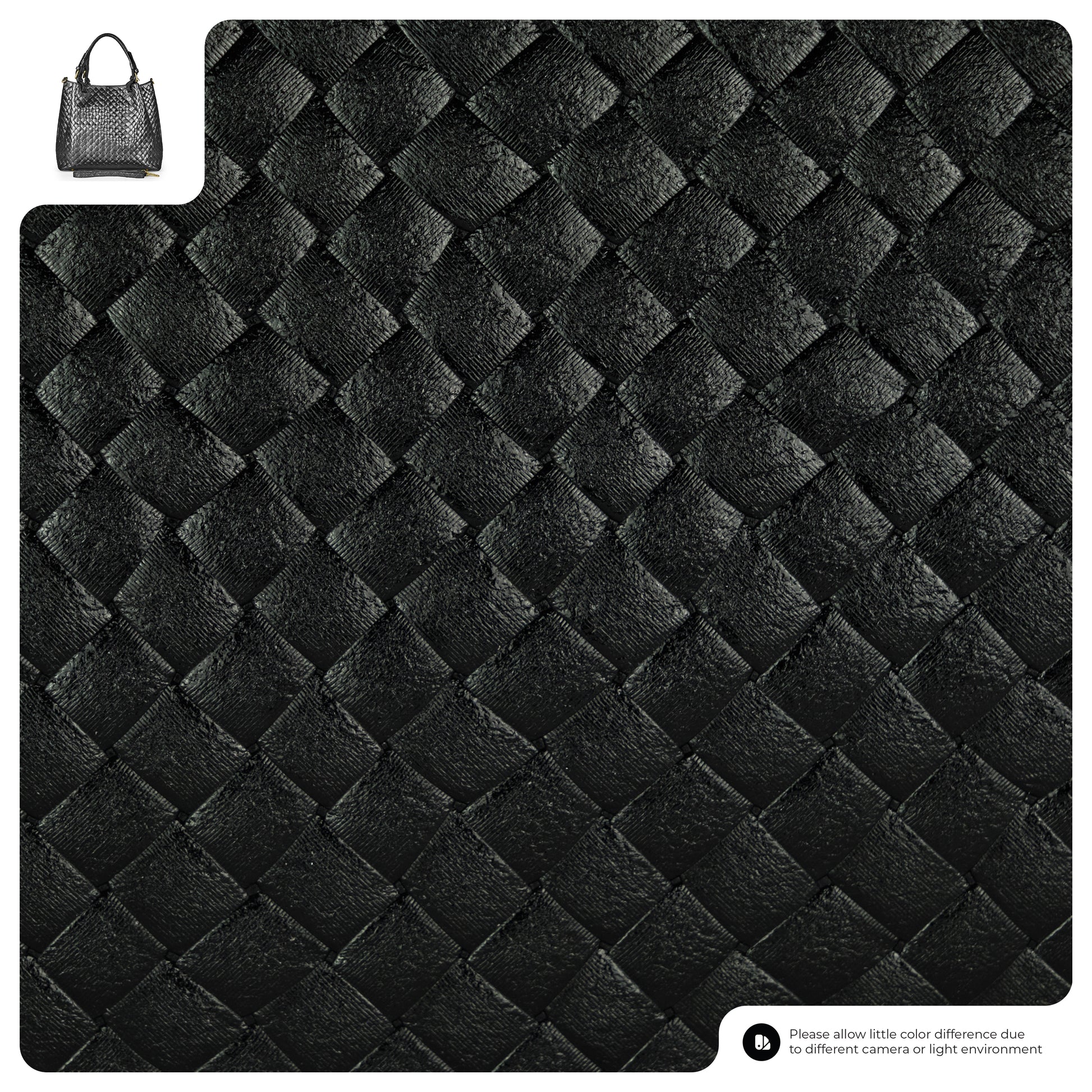Close-up of black, quilted Florentine leather texture. In the top left, a small image shows a black Italian-made handbag crafted from the same material. Text note at bottom right addresses color differences.