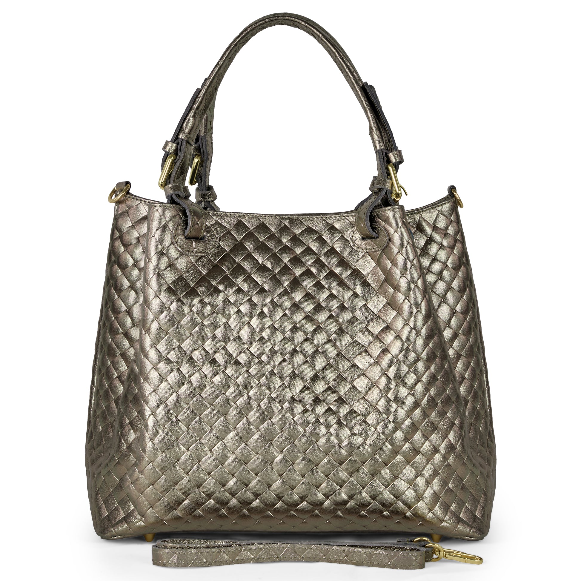 A metallic quilted Italian handbag with two handles, gold hardware, and a detachable shoulder strap is displayed in front of the bag.