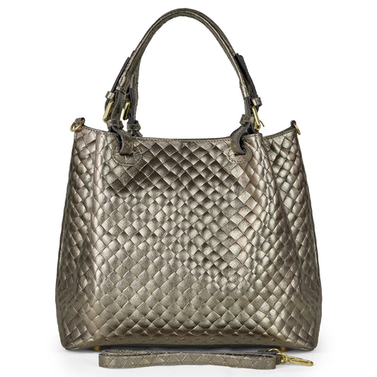 A metallic quilted Italian handbag with two handles, gold hardware, and a detachable shoulder strap is displayed in front of the bag.