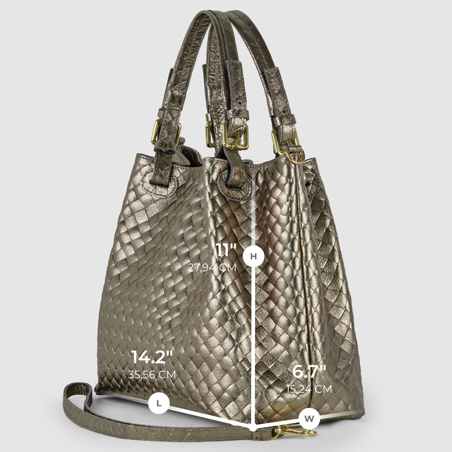 A Florentine leather handbag, beautifully metallic and woven, with two handles and a shoulder strap. Italian-made, it measures 11" (27.94 cm) high, 14.2" (35.56 cm) long, and 6.17" (15.24 cm) wide.