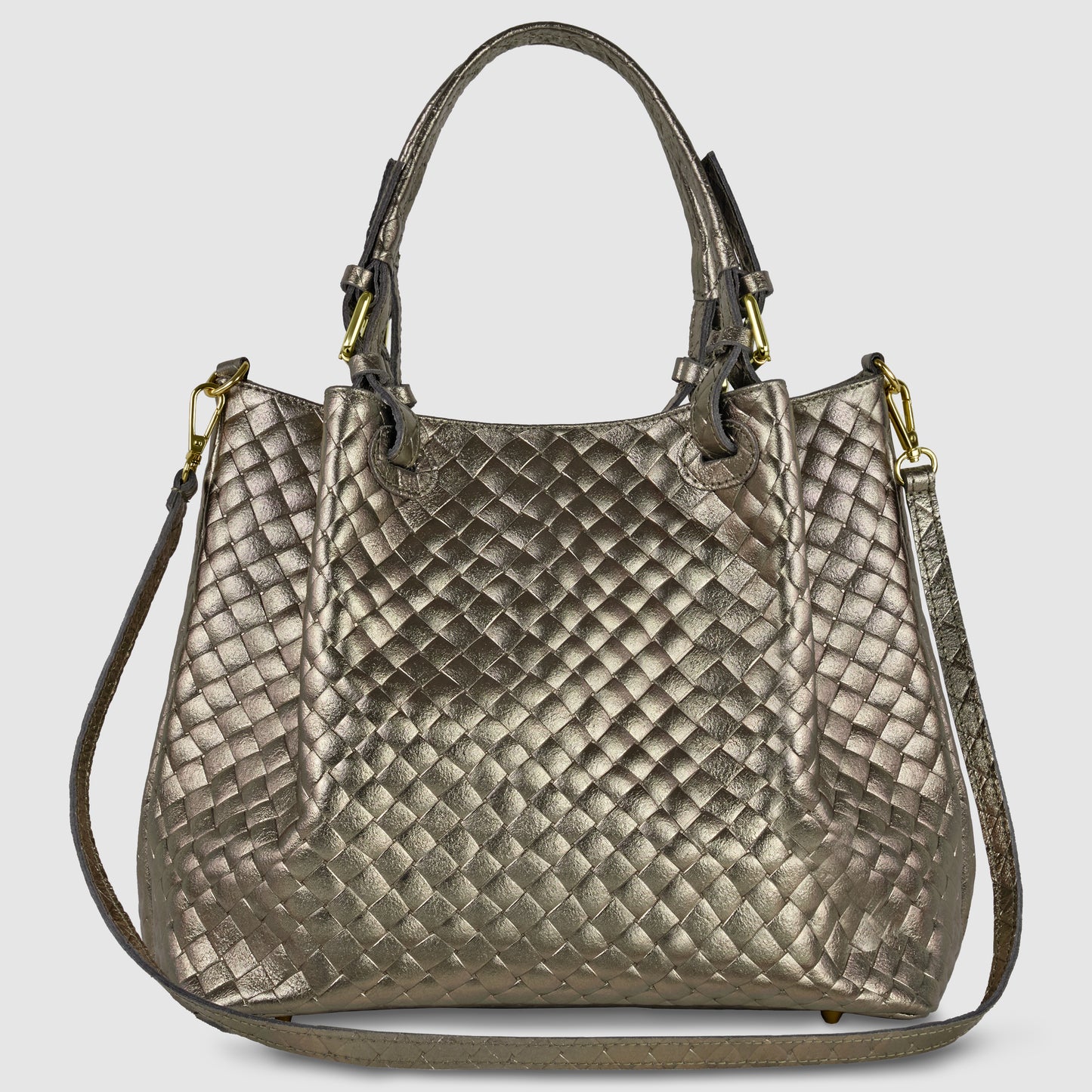 A metallic gold woven Italian handbag crafted from luxurious Florentine leather, with two top handles and a detachable shoulder strap, featuring gold-tone hardware and a textured, quilted appearance.