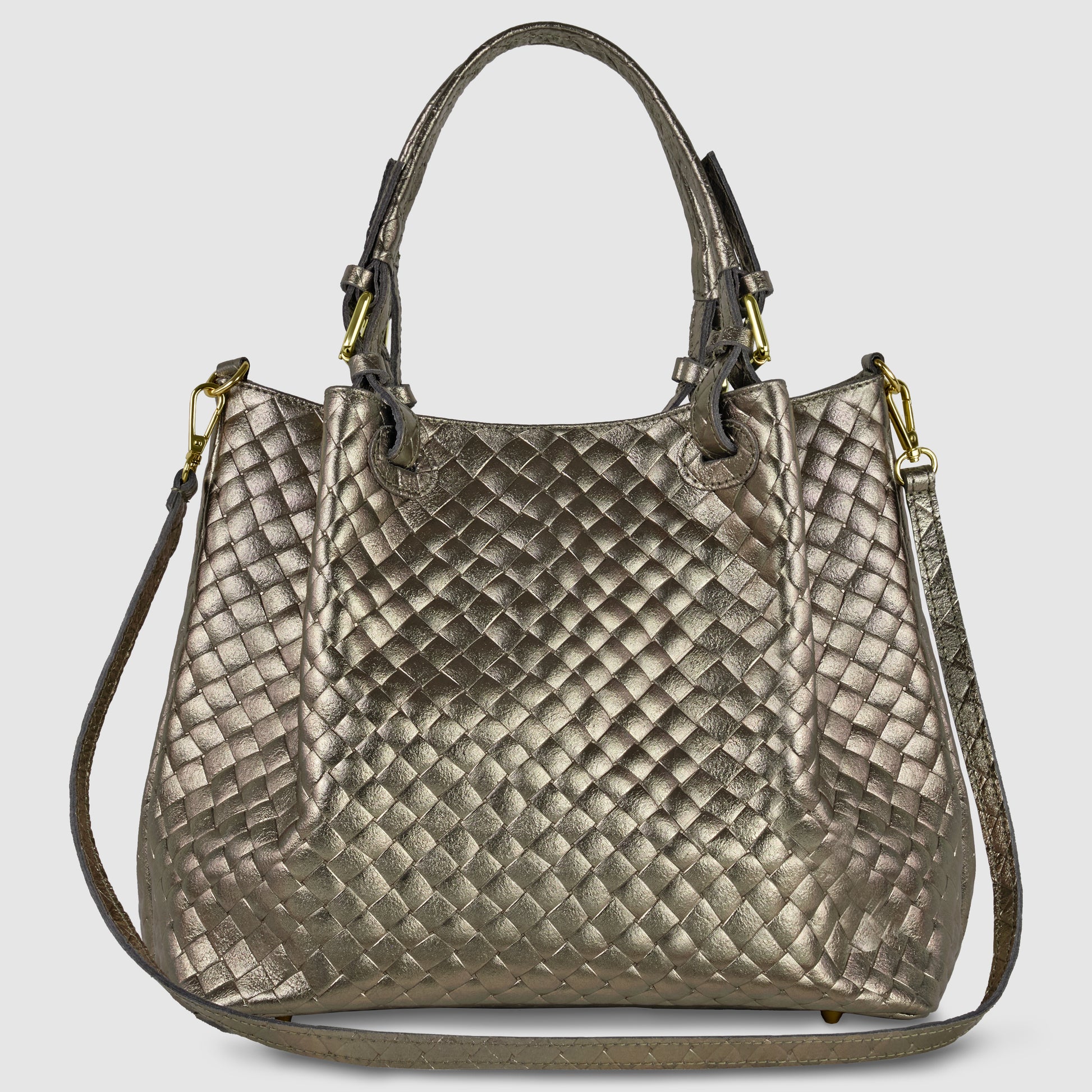 A metallic gold woven Italian handbag crafted from luxurious Florentine leather, with two top handles and a detachable shoulder strap, featuring gold-tone hardware and a textured, quilted appearance.