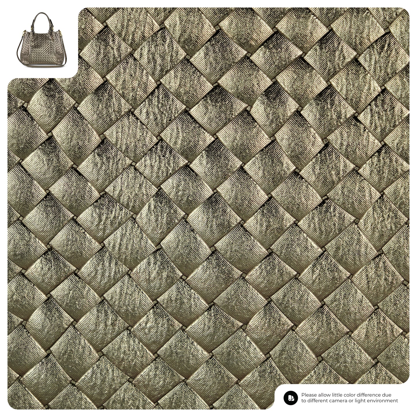 Quilted metallic gold-textured material with a small inset image of a matching Italian-made handbag in the top left corner. A note about possible color differences appears at the bottom right.