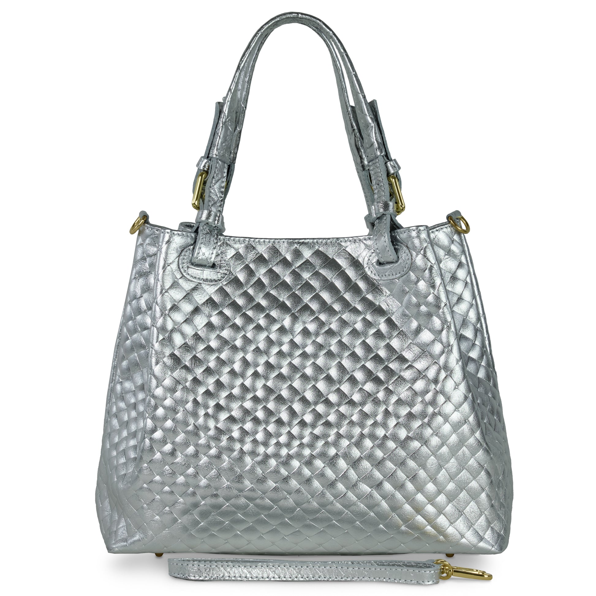 A metallic silver Italian handbag with a quilted, diamond-patterned texture, two handles, gold-tone hardware, and a matching detachable strap placed in front of the bag.