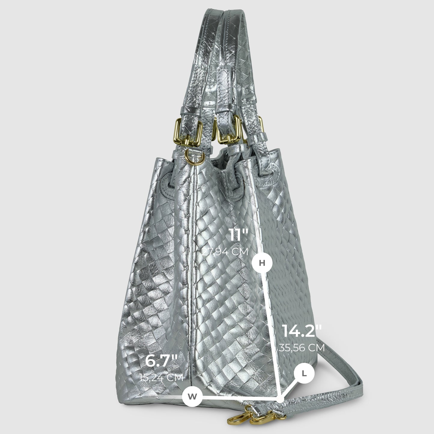 Side view of an Italian-made handbag in metallic silver, featuring a woven design with two handles and a detachable strap. The bag’s height, width, and length are labeled: 11 (H), 6.7 (W), and 14.2 (L), with metric conversions shown.