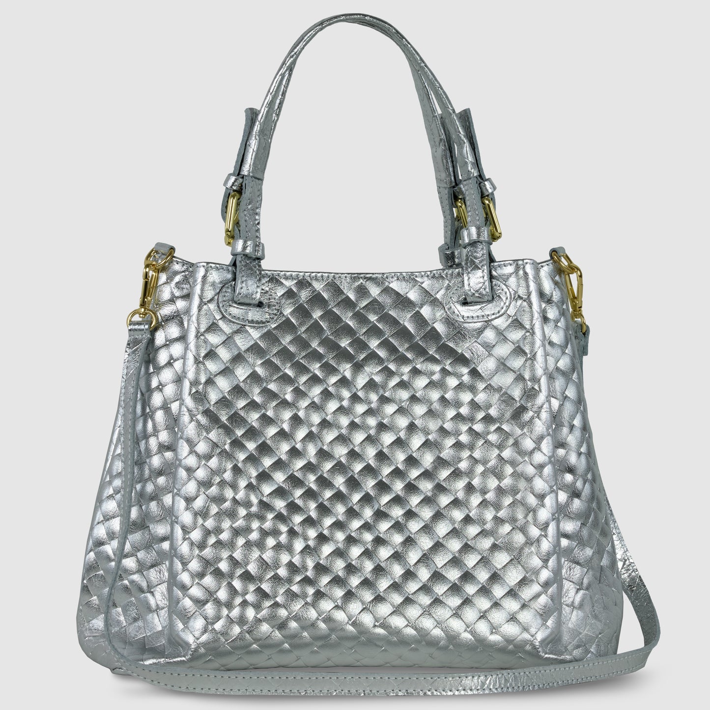 A metallic silver quilted Italian handbag with two handles, gold hardware, and a detachable shoulder strap, displayed against a plain light background.