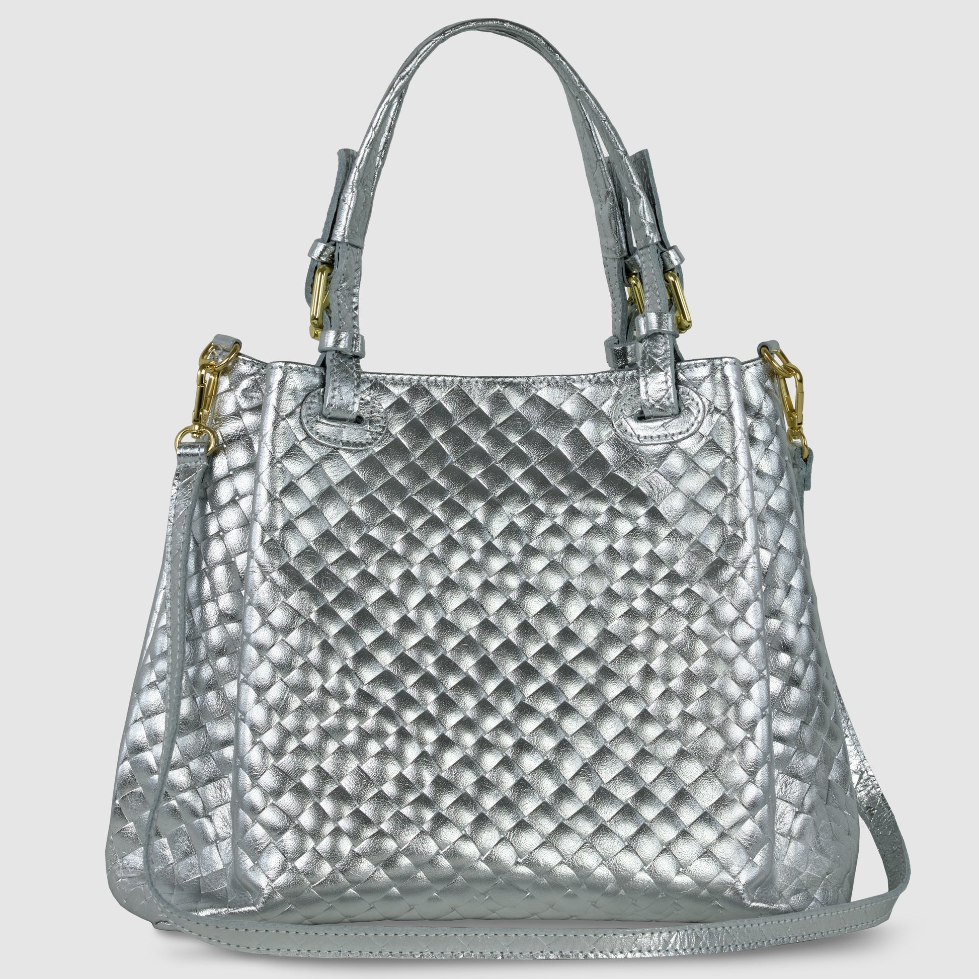 A metallic silver quilted Italian handbag with two handles, gold hardware, and a detachable shoulder strap, displayed against a plain light background.