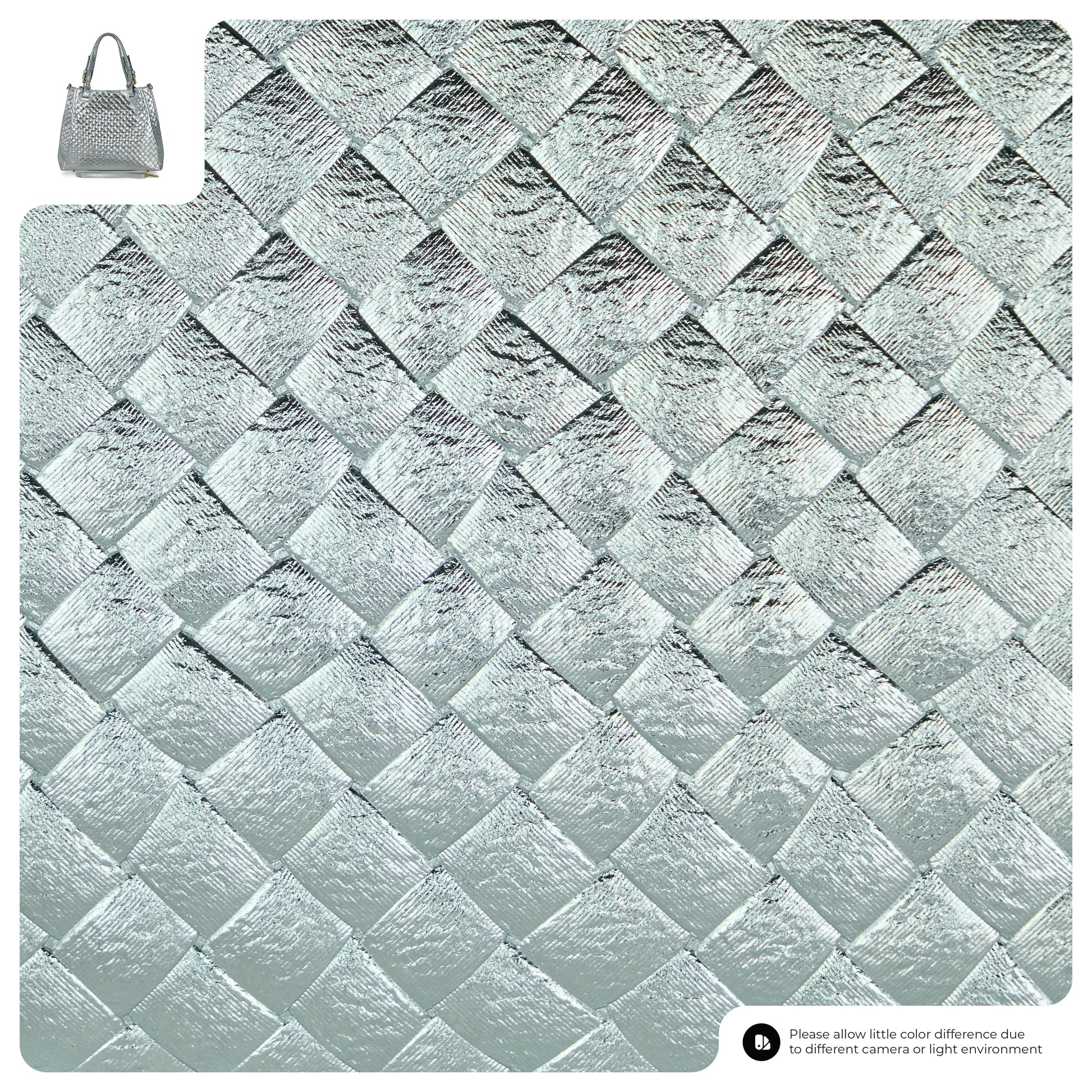 A close-up of a metallic silver woven texture, with a small image of an Italian-made handbag crafted from Florentine leather in the top left corner. The surface reflects light, creating a shiny, quilted appearance.