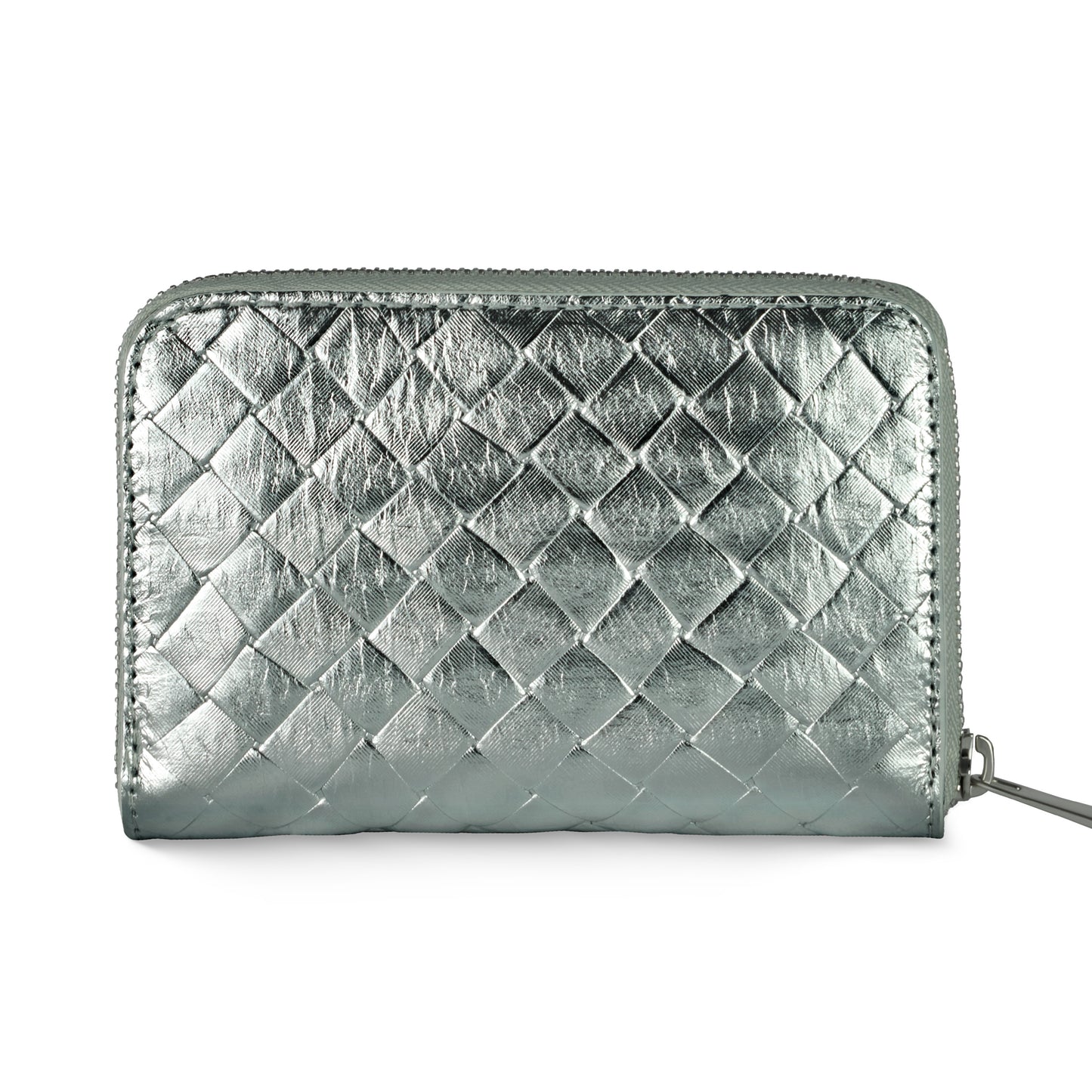 A metallic silver Italian leather wallet with a quilted, diamond-patterned texture and zip-around closure, showcasing artisanal craftsmanship against a white background.