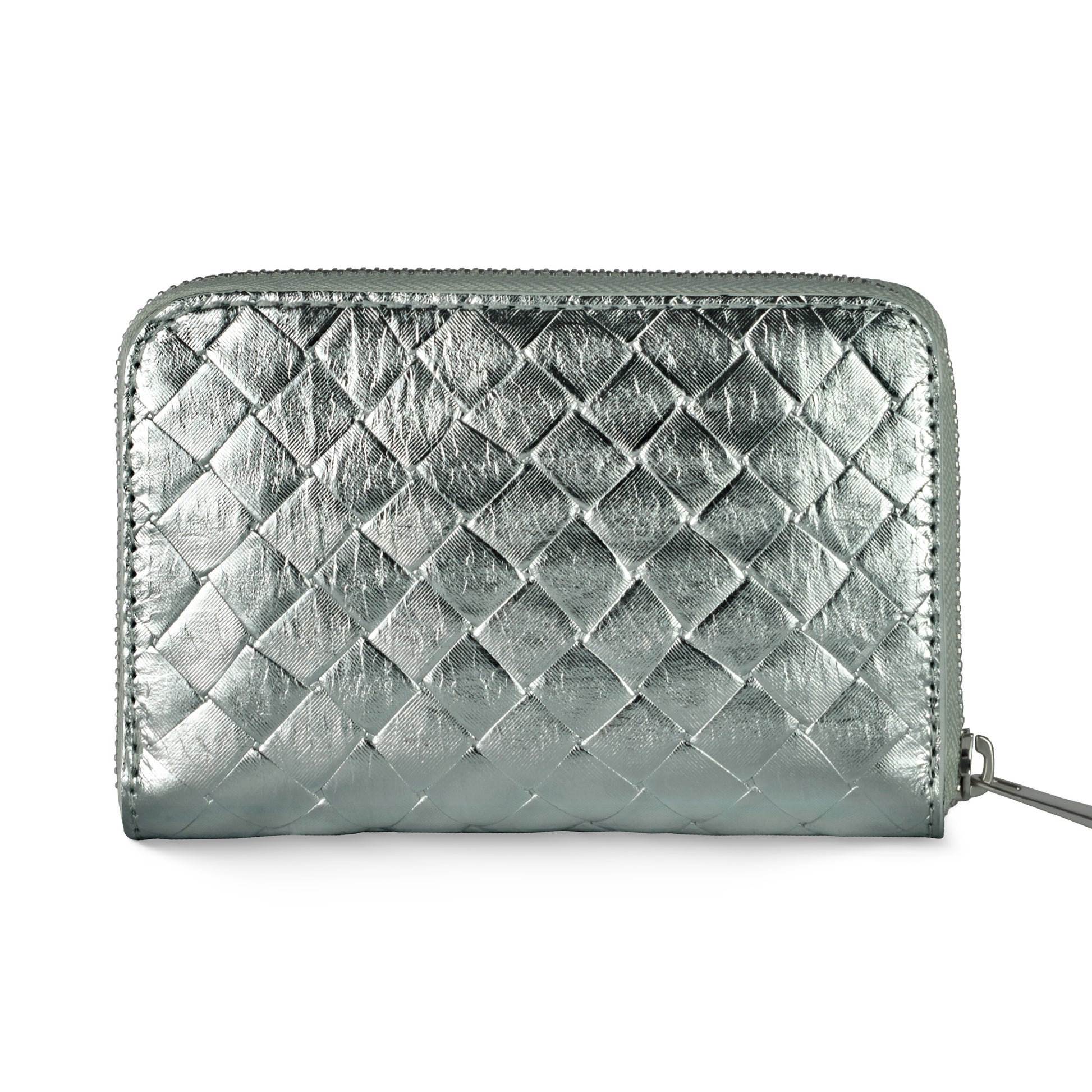 A metallic silver Italian leather wallet with a quilted, diamond-patterned texture and zip-around closure, showcasing artisanal craftsmanship against a white background.
