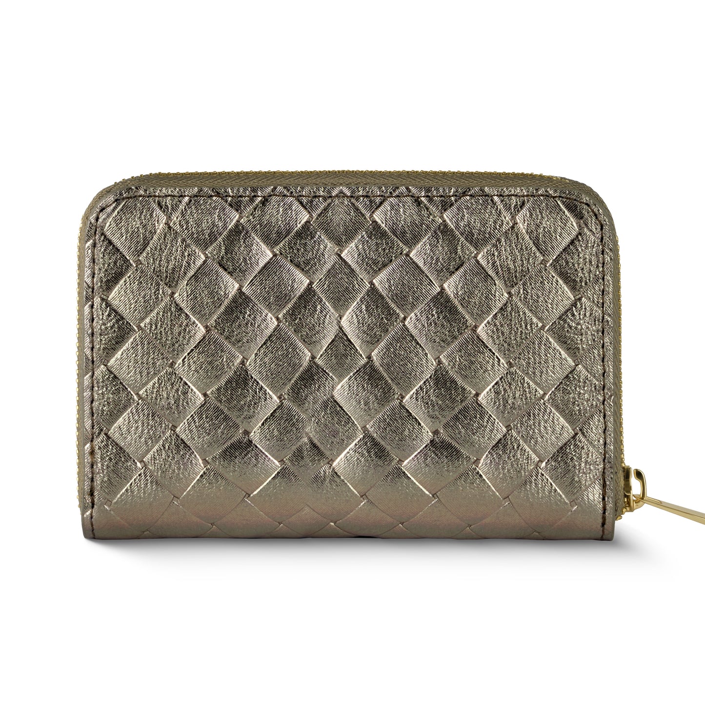 A metallic gold zippered wallet featuring a woven textured pattern on the front, crafted with artisanal craftsmanship and finished with a small pull tab on the right side.