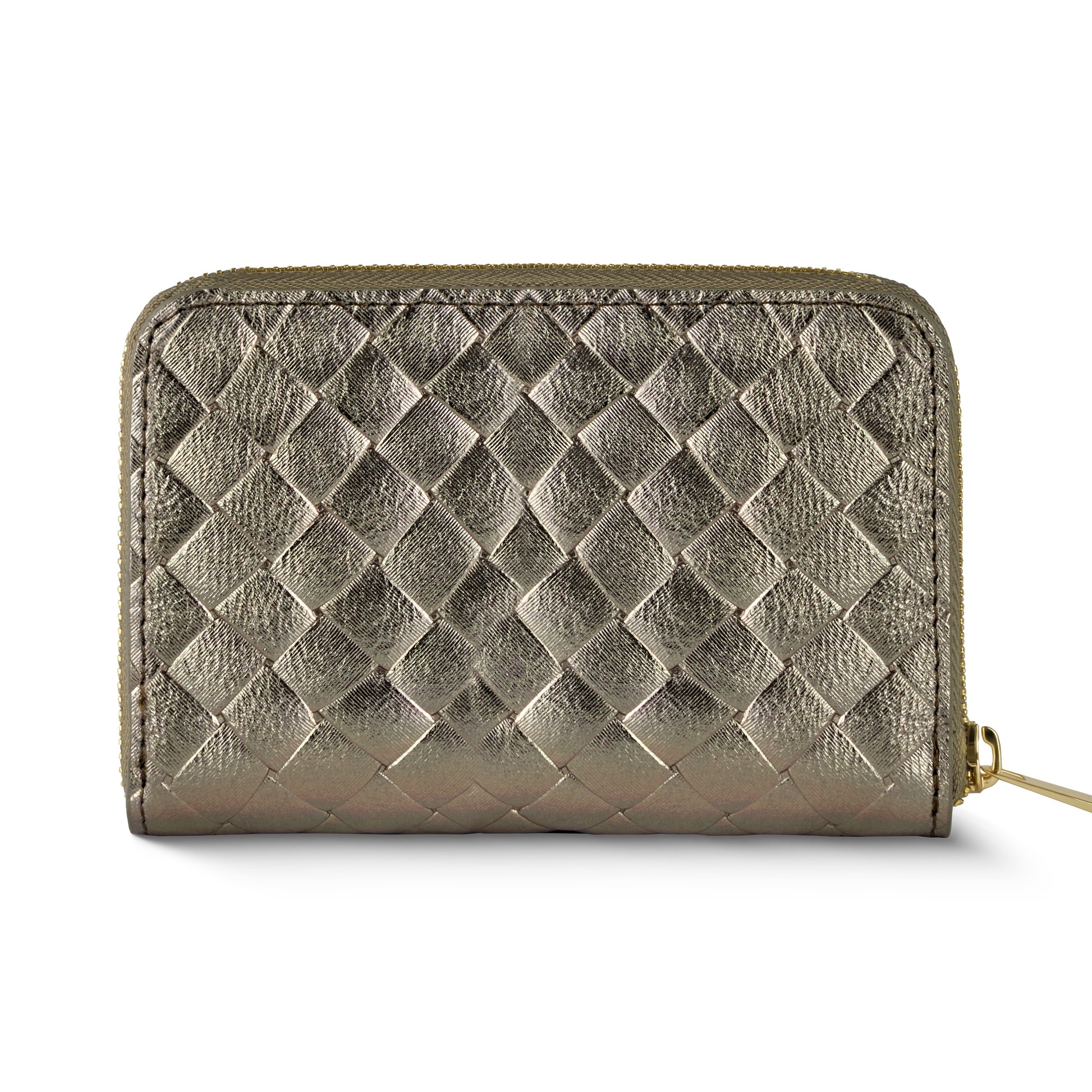 A metallic gold zippered wallet featuring a woven textured pattern on the front, crafted with artisanal craftsmanship and finished with a small pull tab on the right side.