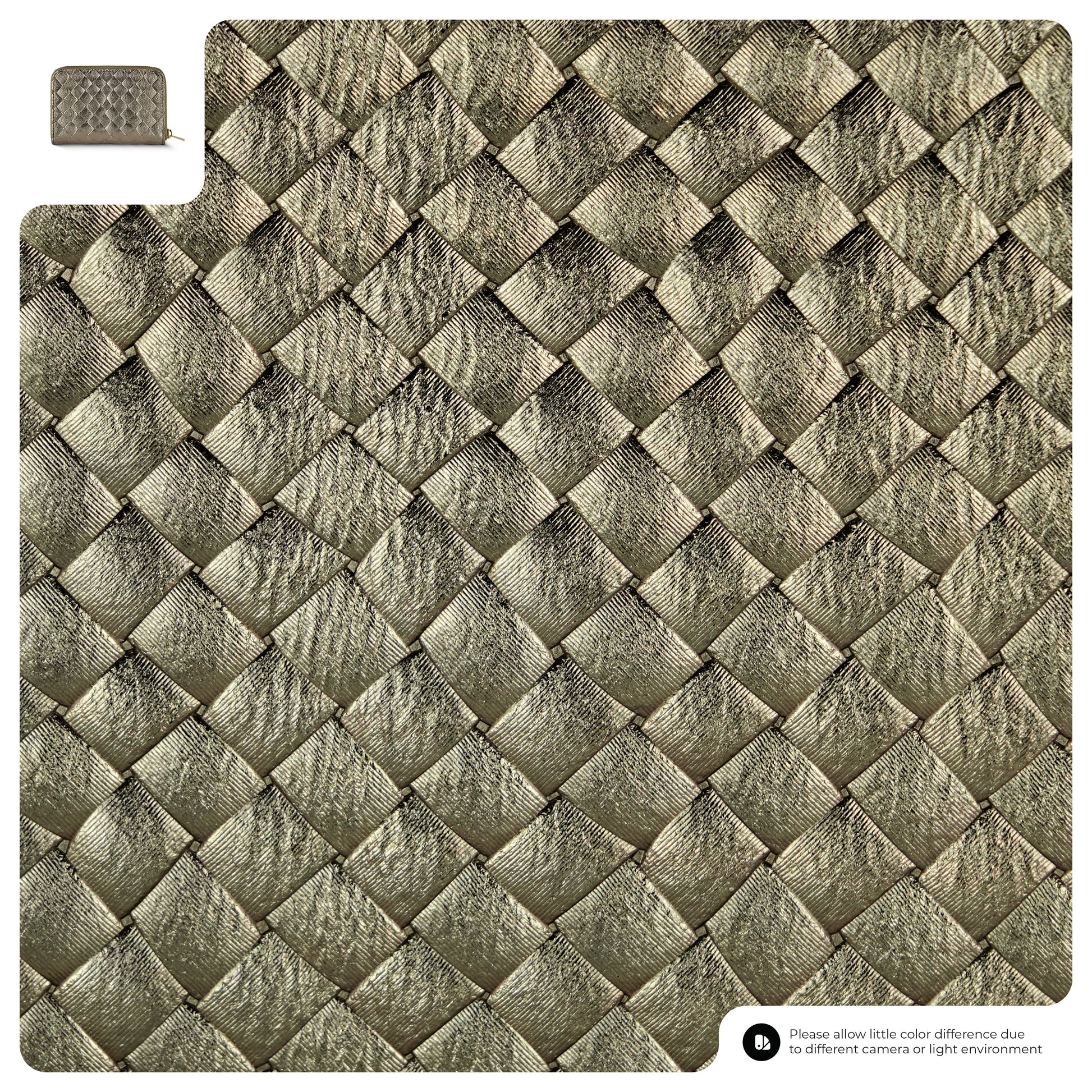 A close-up view of a textured, metallic gold quilted surface with a woven diamond pattern highlights artisanal craftsmanship. An inset shows a smaller version of the same material. Text at the bottom notes possible color differences.