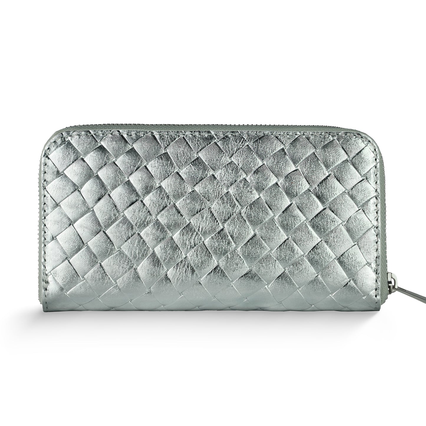 A silver zippered intrecciato wallet with a woven leather pattern, this Italian leather wallet is showcased against a white background.