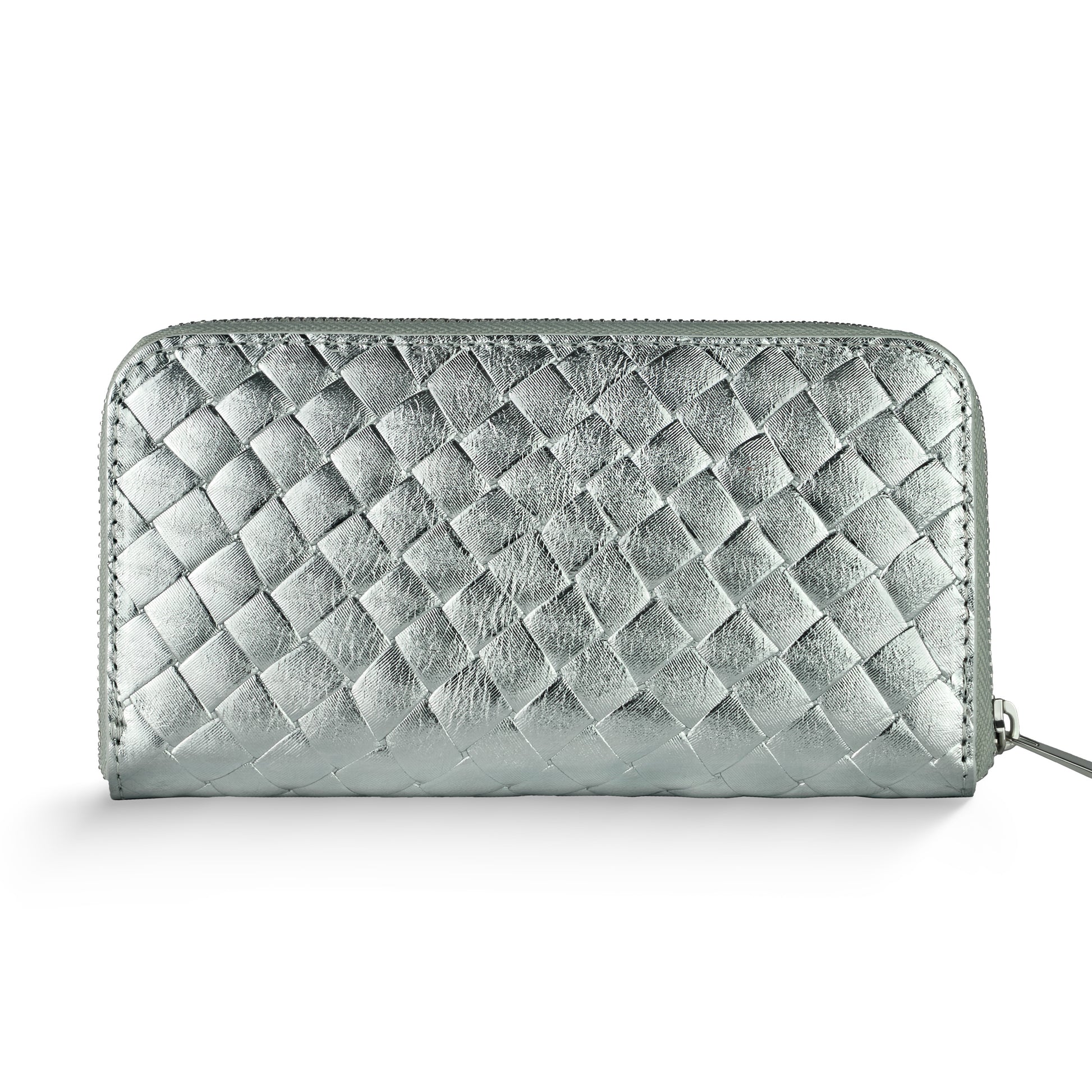A silver zippered intrecciato wallet with a woven leather pattern, this Italian leather wallet is showcased against a white background.