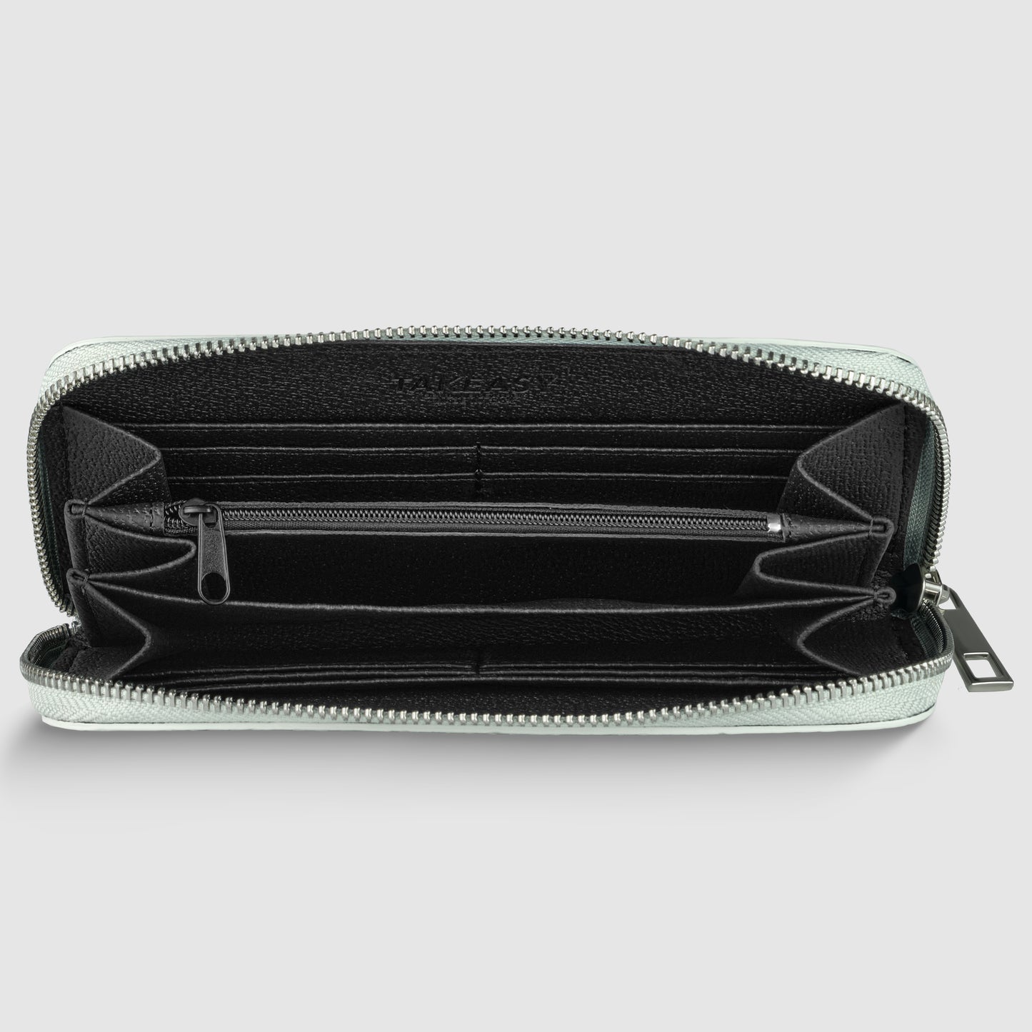 Open black Italian leather wallet, handcrafted in Italy, with multiple compartments and a central zippered pocket, displayed on a plain light background.