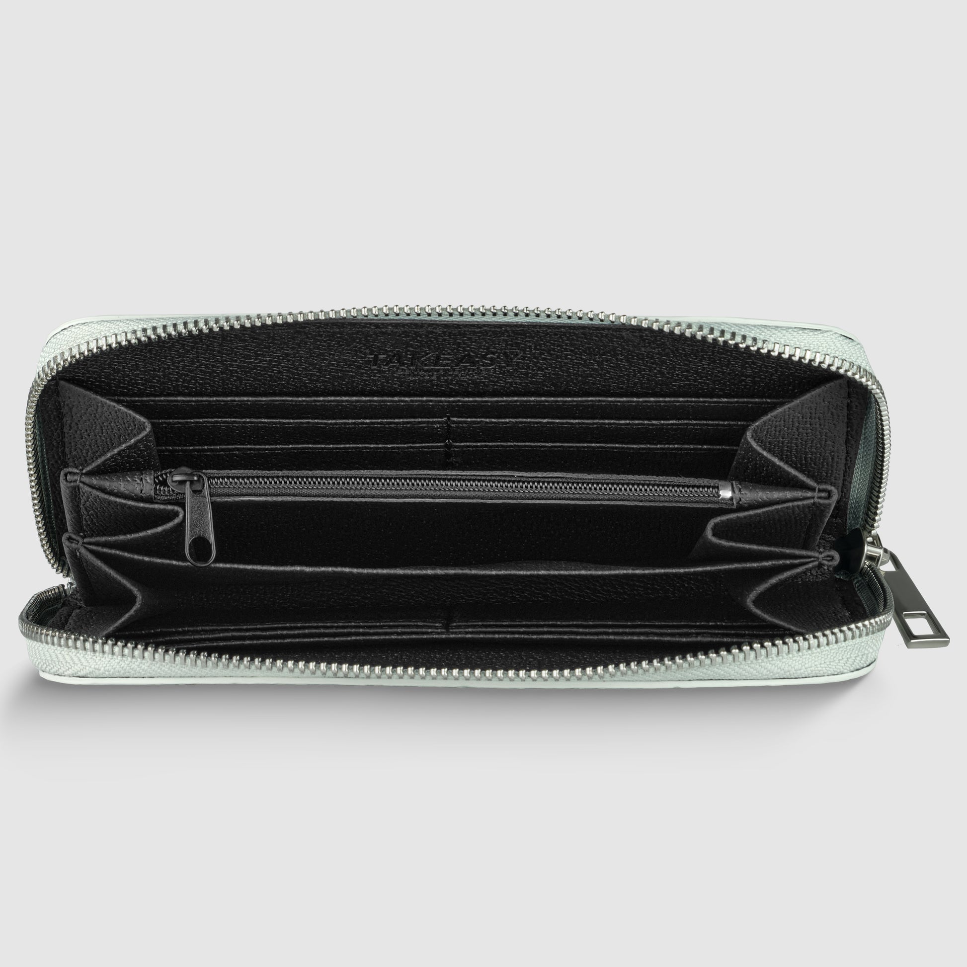 Open black Italian leather wallet, handcrafted in Italy, with multiple compartments and a central zippered pocket, displayed on a plain light background.