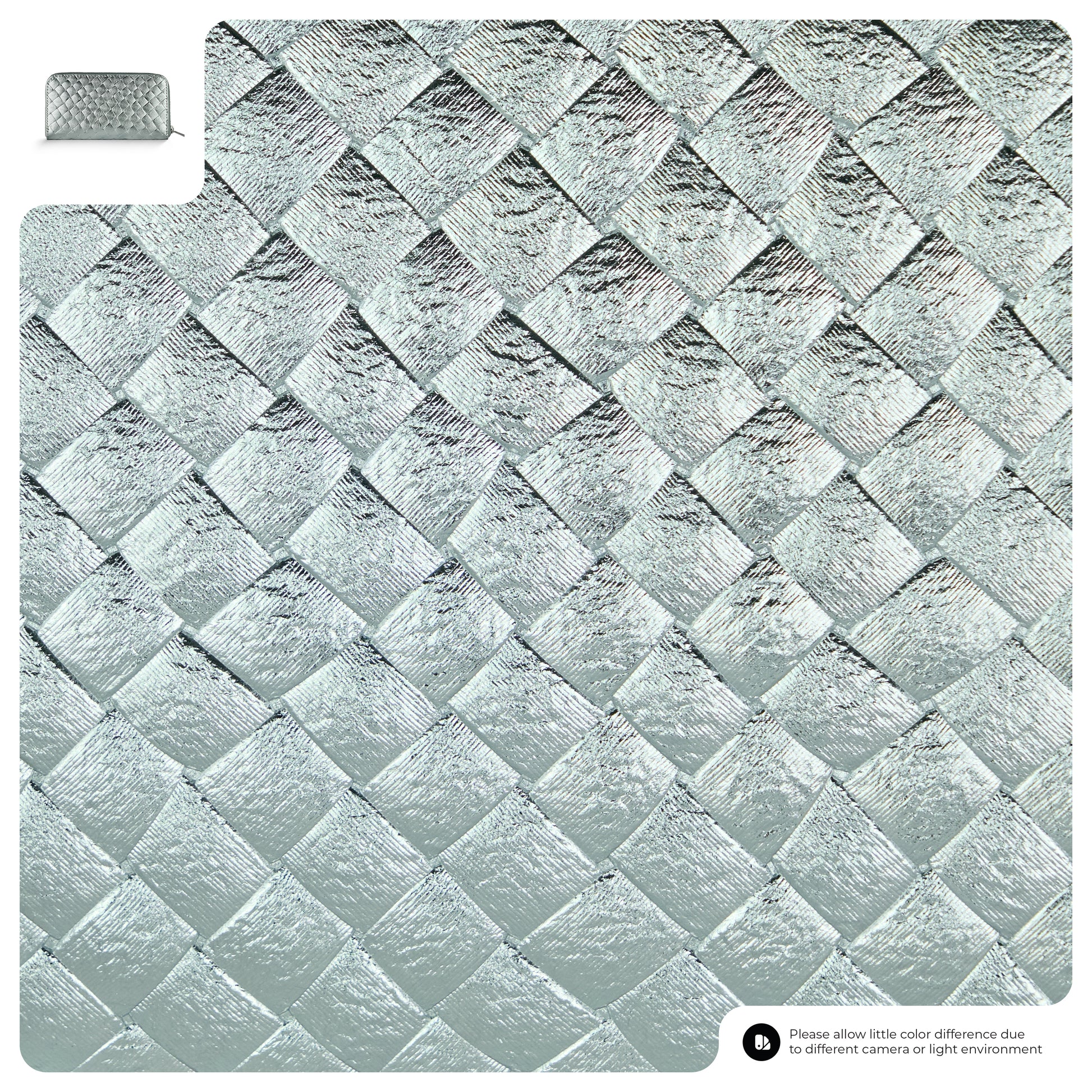 A close-up of a silver, woven-textured material forming a diamond pattern, crafted using the intrecciato technique. The main image shows a large section, with an inset displaying a zoomed-out view of this exquisite textured surface.