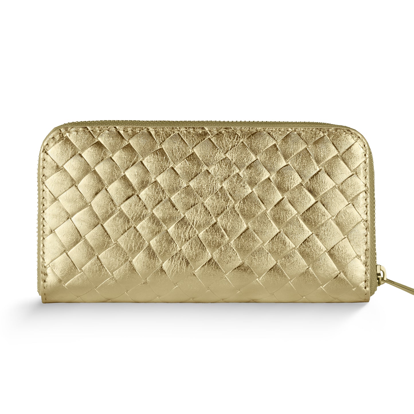 A Weave Metallic Gold zippered wallet featuring a basket weave pattern, handcrafted in Italy with the iconic intrecciato technique, displayed on a white background.