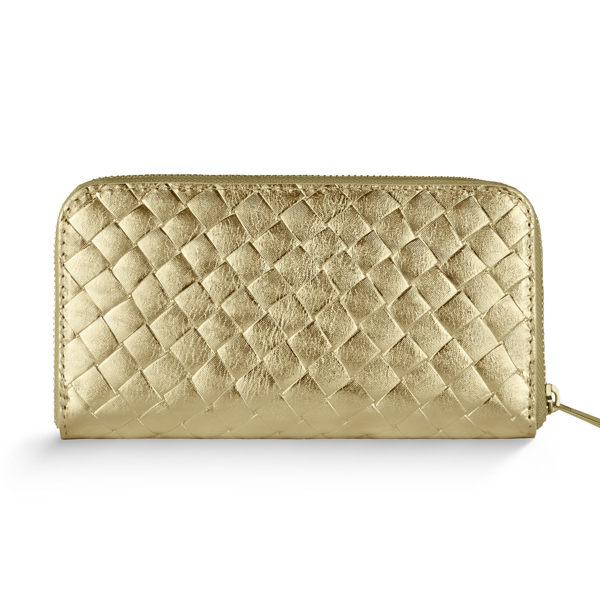 A Weave Metallic Gold zippered wallet featuring a basket weave pattern, handcrafted in Italy with the iconic intrecciato technique, displayed on a white background.