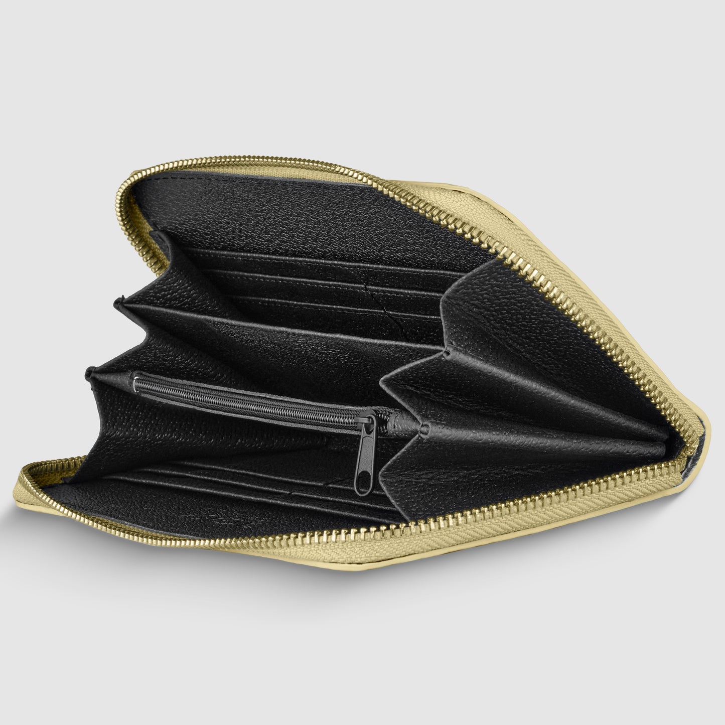 A gold zippered Italian leather wallet shown open, revealing multiple black compartments and a central zippered pocket for coins, all set against a light gray background.