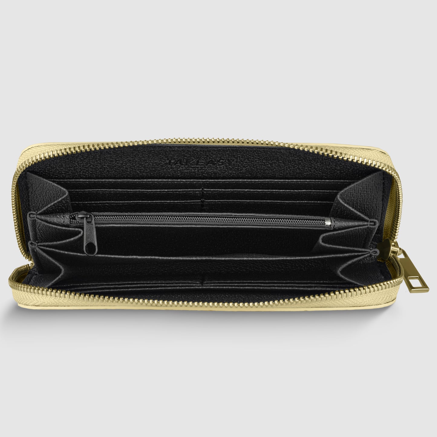 Open black Italian leather wallet with gold trim, handcrafted in Italy, featuring multiple compartments, card slots, and a central zippered pocket for coins, set against a plain light gray background.