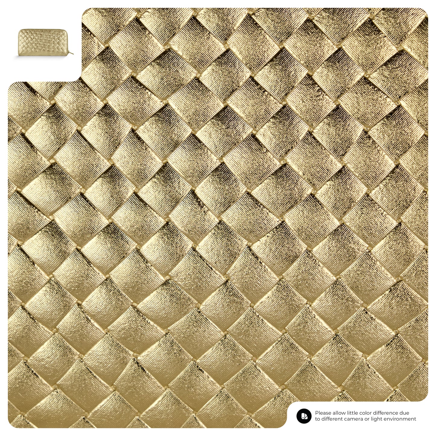 Gold textured material with a quilted, diamond pattern, reminiscent of the intrecciato technique, and a small inset showing a close-up. Bottom right corner notes color differences due to lighting or camera.