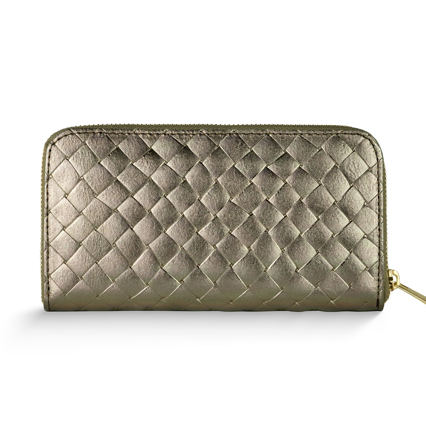 A womens luxury wallet in metallic gold, this intrecciato wallet features a woven leather pattern and zippered closure, crafted from fine Italian leather and shown against a white background.