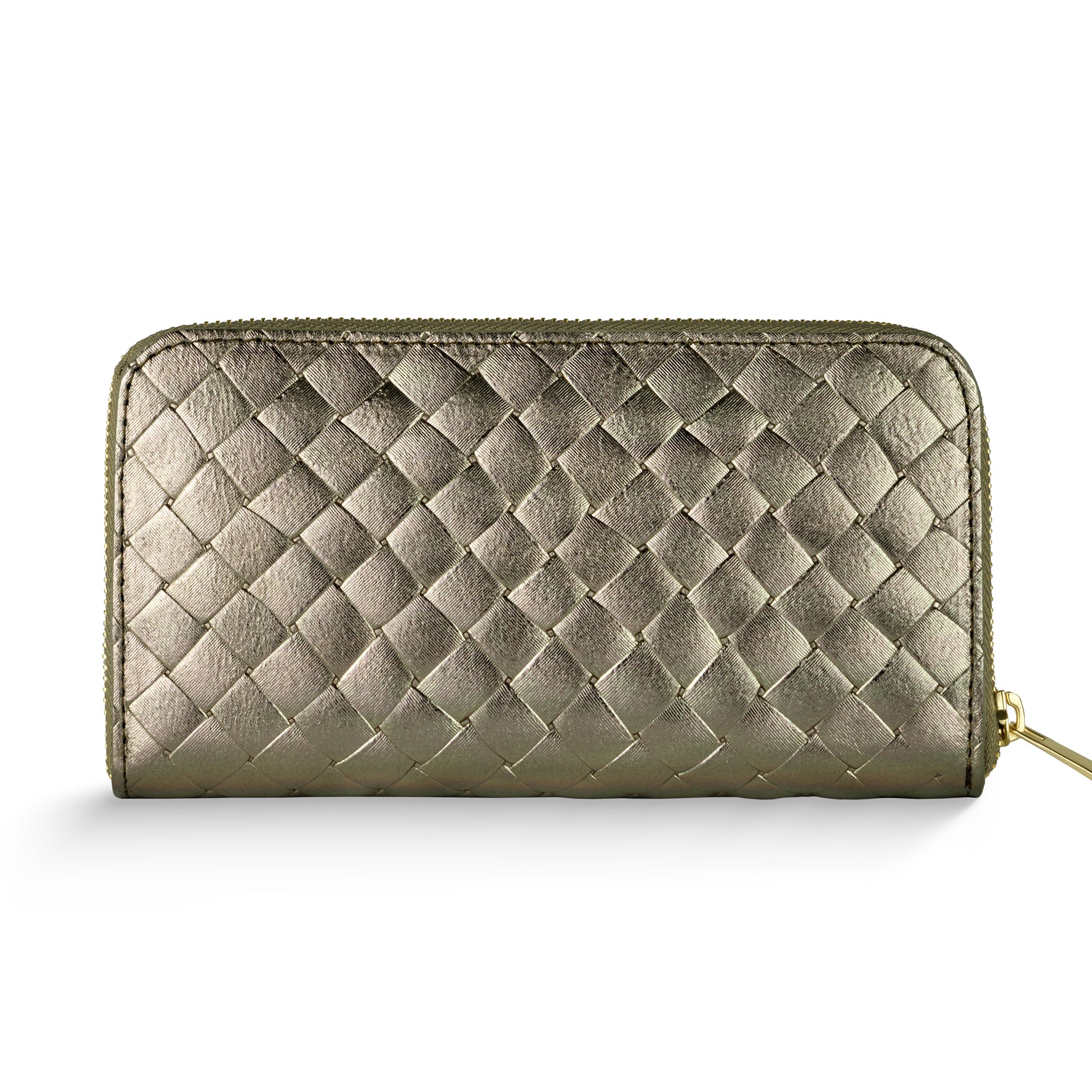 A womens luxury wallet in metallic gold, this intrecciato wallet features a woven leather pattern and zippered closure, crafted from fine Italian leather and shown against a white background.