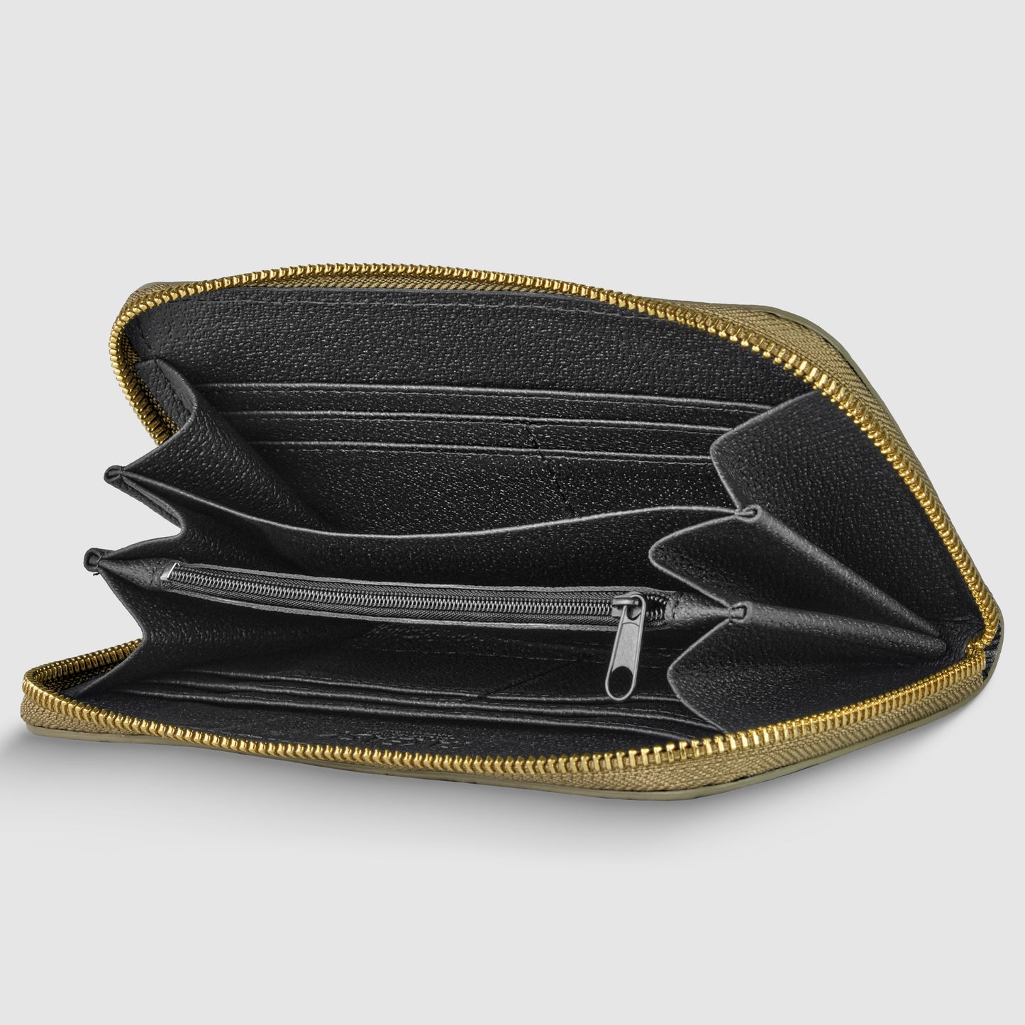 A black Italian leather wallet, handcrafted in Italy with gold edges, shown open to reveal multiple card slots, compartments, and a central zippered pocket.