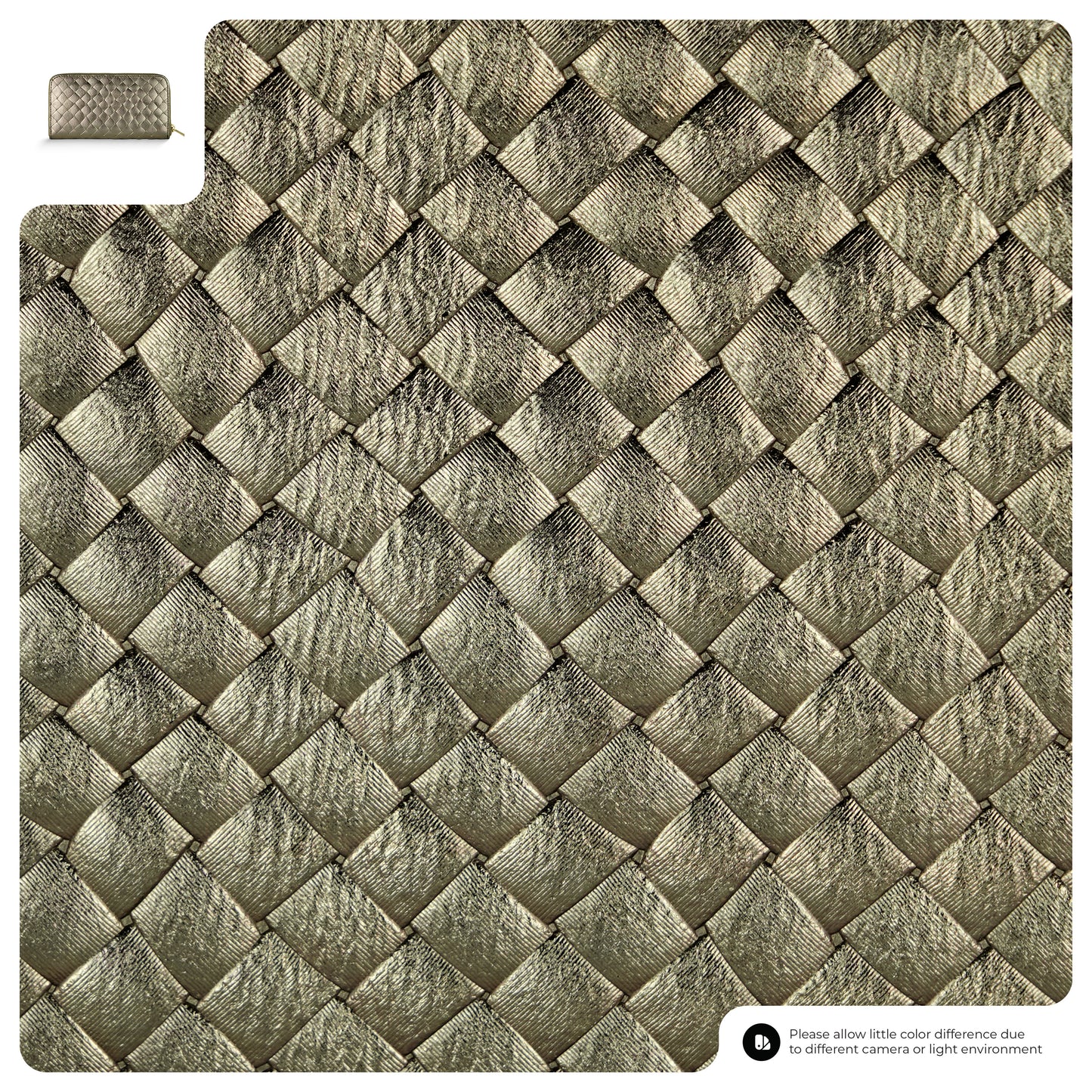 Close-up of a textured surface with a woven, diamond pattern in metallic gold, resembling an Italian leather wallet. A small sample in the top left shows the same elegant pattern often found on womens luxury wallets.