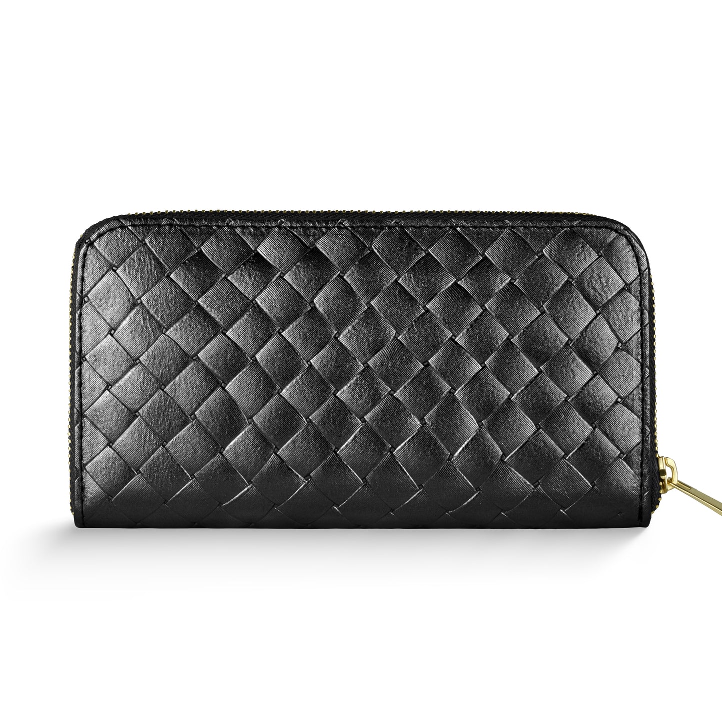 A Weave Metallic Black Italian leather wallet with a woven pattern and a gold zipper on the right side, photographed against a white background.