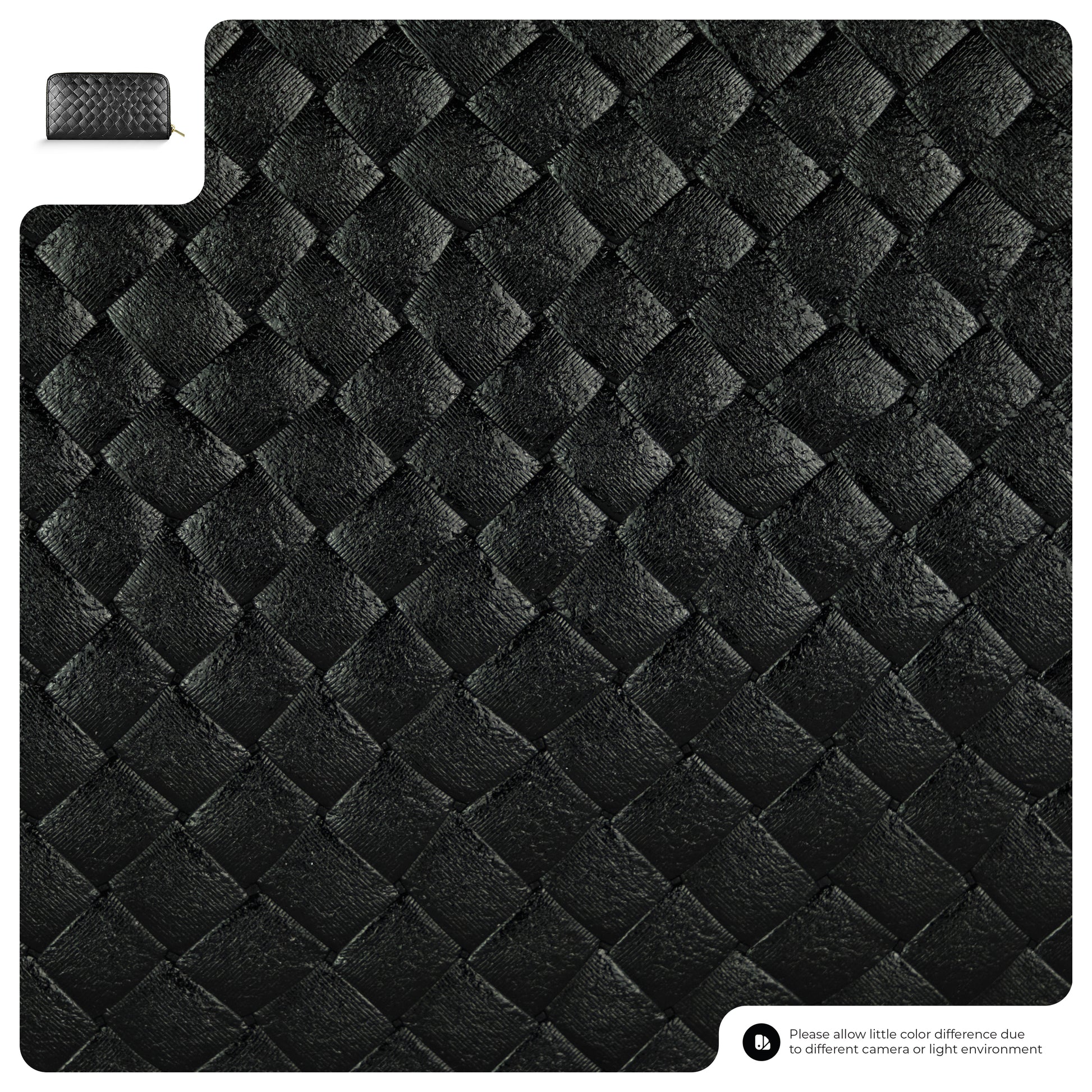 Close-up of a black, quilted, diamond-patterned textured mat, reminiscent of the intrecciato technique, with a small inset showing a zoomed-out view. A notice about possible color differences appears in the bottom right corner.