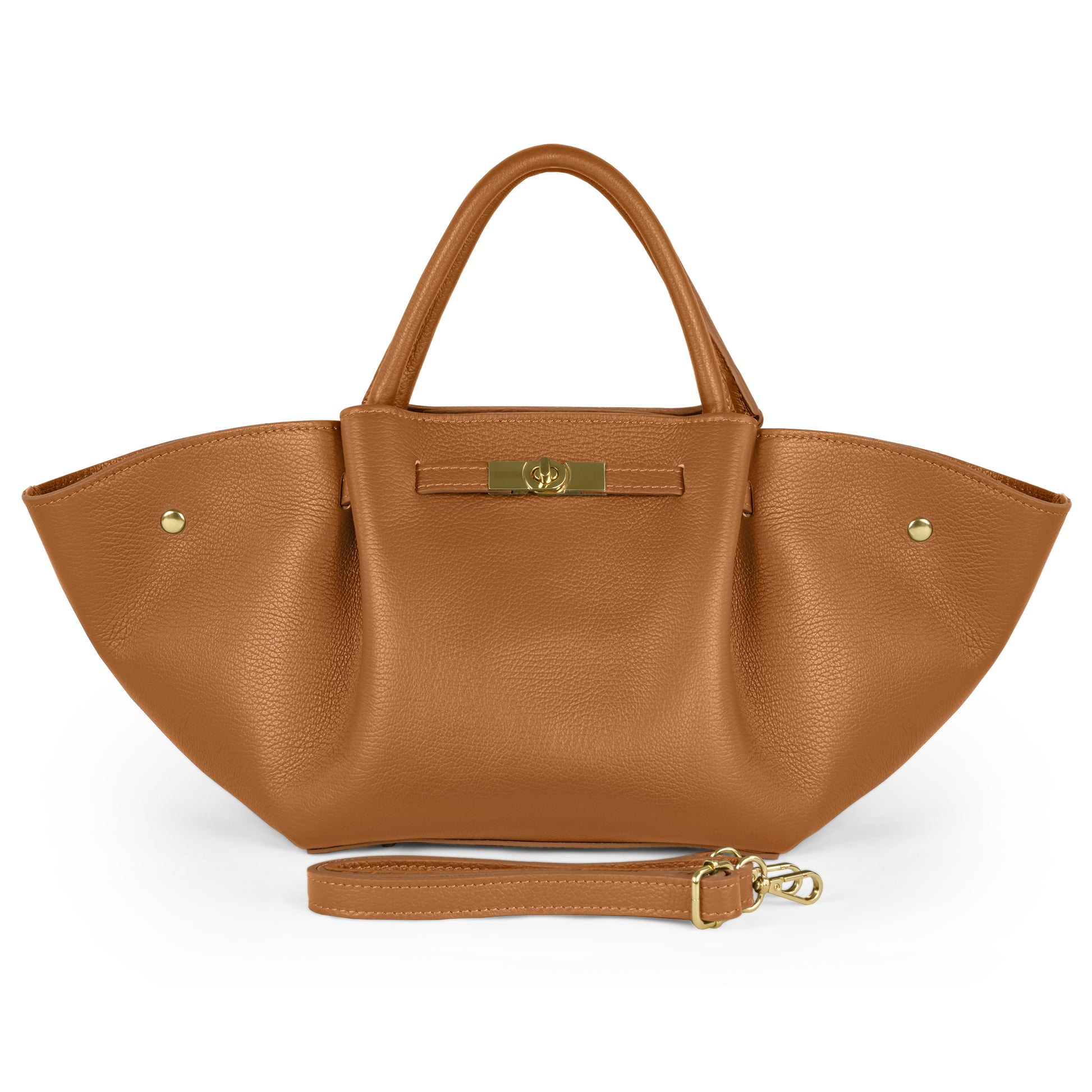 A brown handbag crafted from Italian leather with a structured winged shape, gold hardware, two handles, and a detachable shoulder strap—an elegant women’s accessory that highlights Florentine craftsmanship.