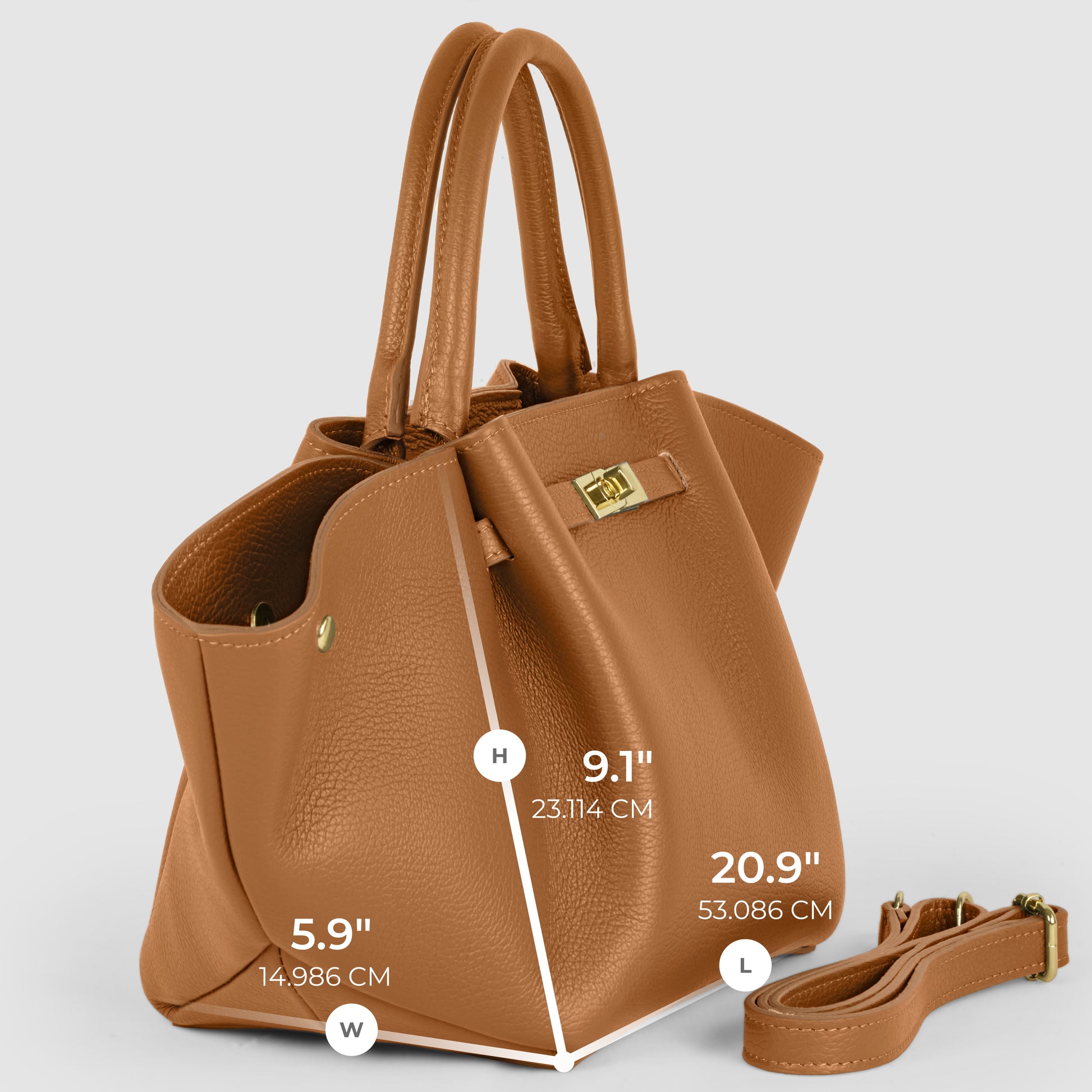 Tan Italian leather bag with gold hardware, shown at an angle. Dimensions: 9.1 (height), 20.9 (length), 5.9 (width). A matching detachable strap is placed beside this stunning example of Florentine craftsmanship.